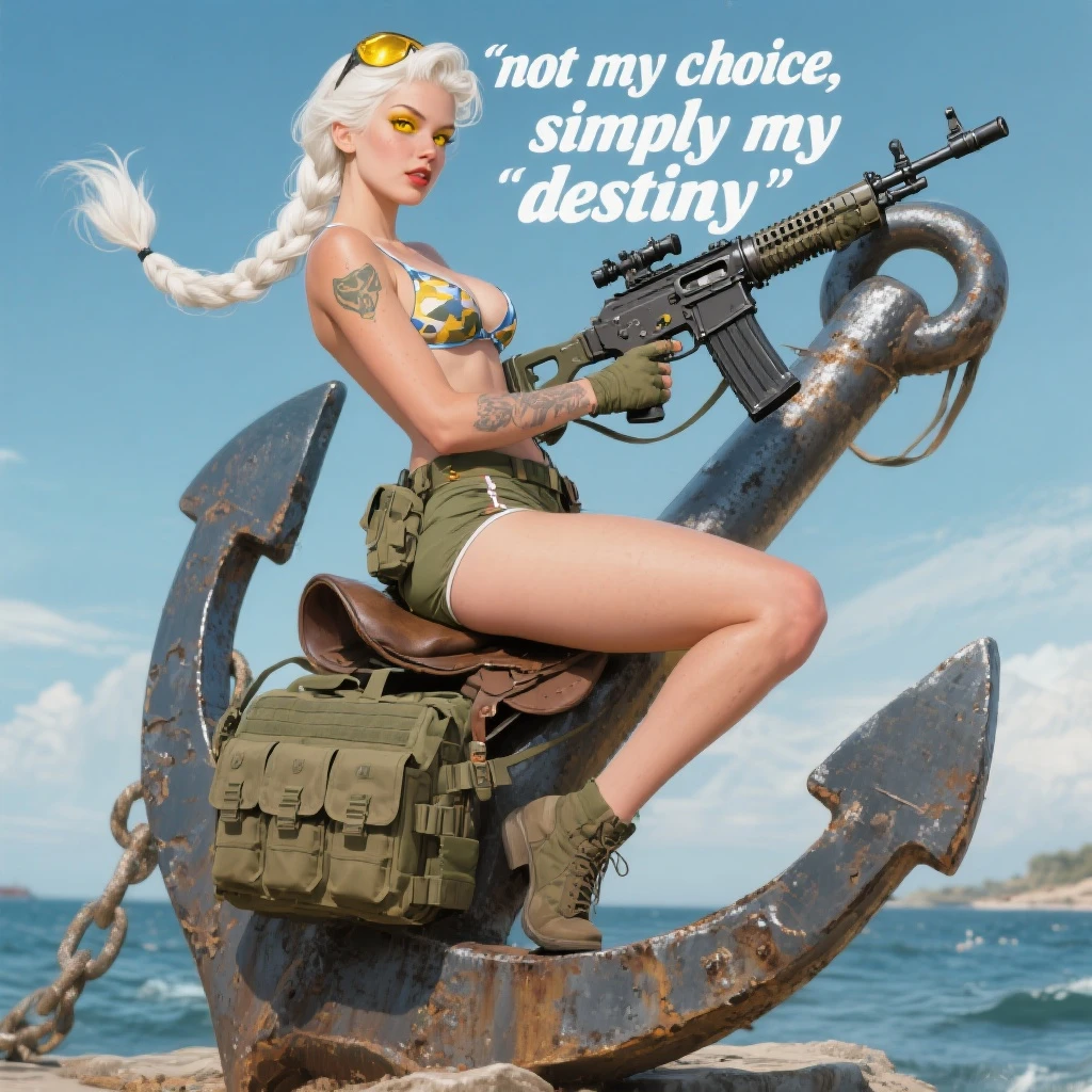a retro military pinup " not my choice, simply my destiny "
; female figure young,gorgeous, white hair 1 braid, gold yellow eyes, riding side-saddle on a massive anchor , with a massive LMG 249,  wearing a swimsuit and bdu bottom with plate-carrier emoji