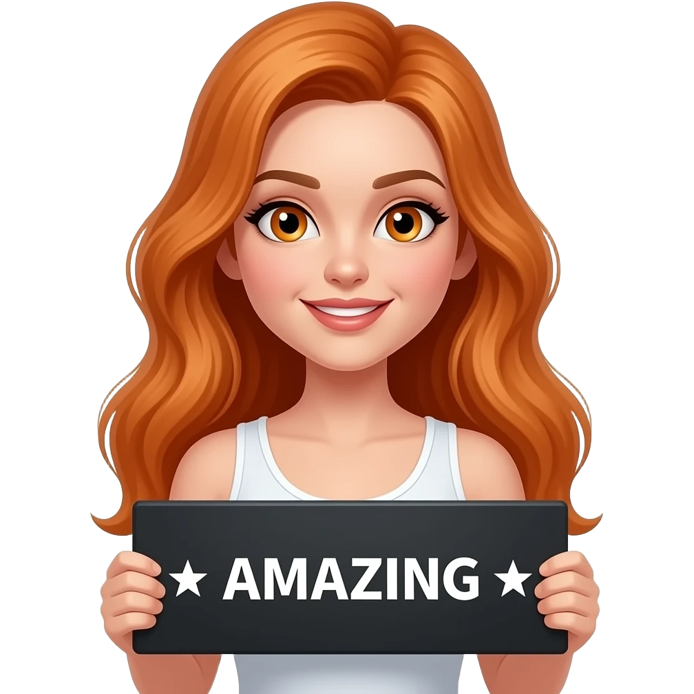 sexy girl with long ginger hair and ginger eyes wearing a white tanktop is holding a black sign with ☆ AMAZING ☆ written on it emoji
