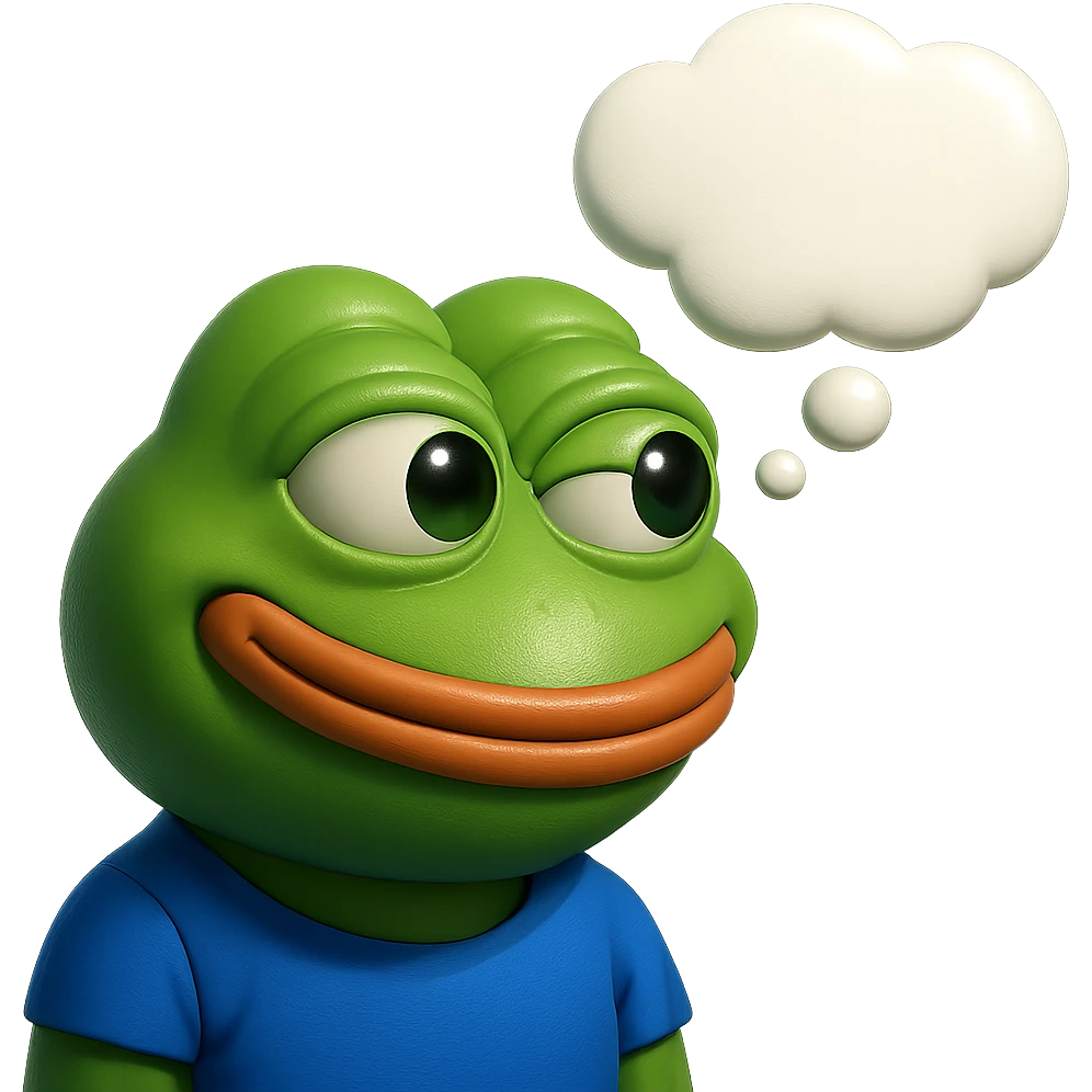 make a pepe in bright green smiling with thought bubble looking at right side in 3d style, good highlights and shadows, drop shadows emoji