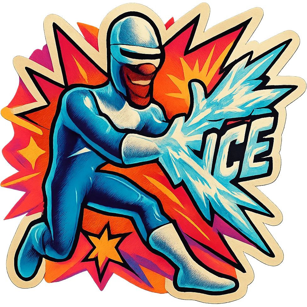 Frozone in retro stickers style, shooting ice from hands, comic book flair, energetic background emoji