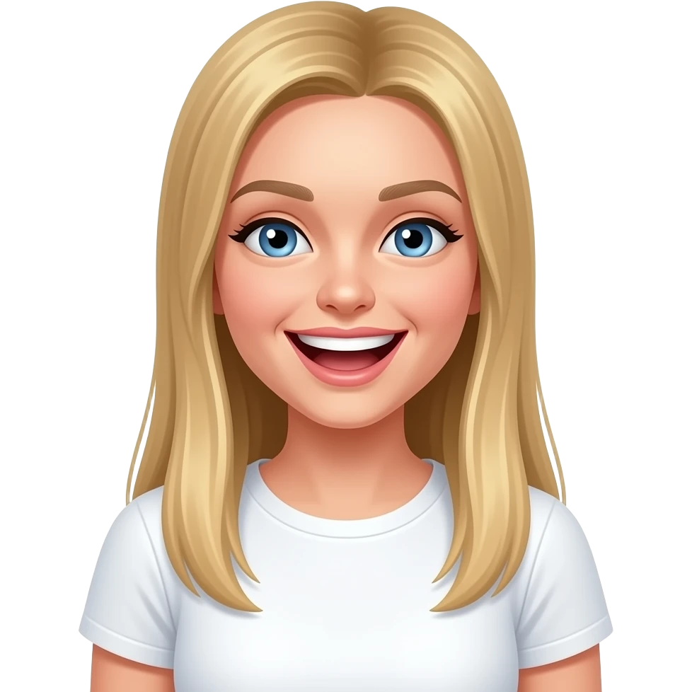 ragazza russa bionda occhi azzurri capelli lisci lunghi, ridere forte maglietta bianca emoji