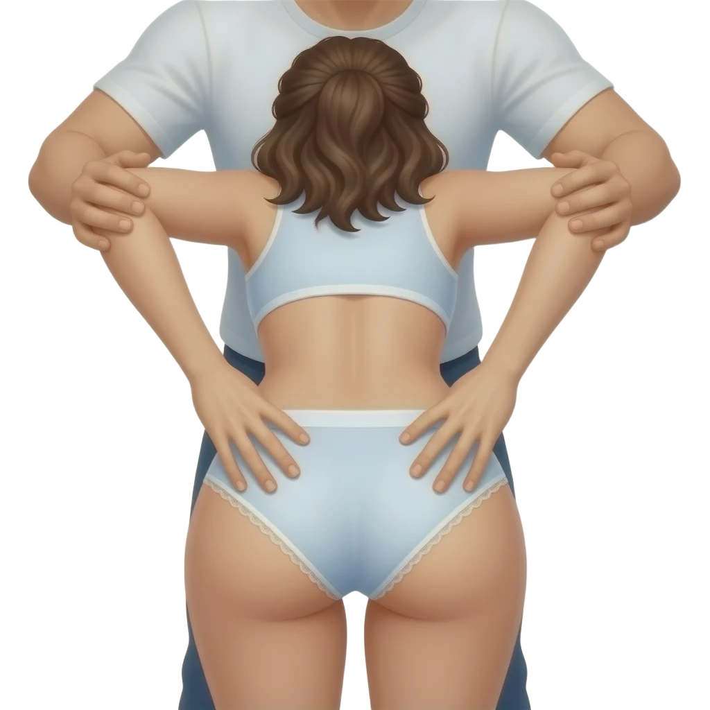 woman bent over  showing her ass in panty with a man behind her holding her hips with his two hands on both side facing away from the viewer emoji