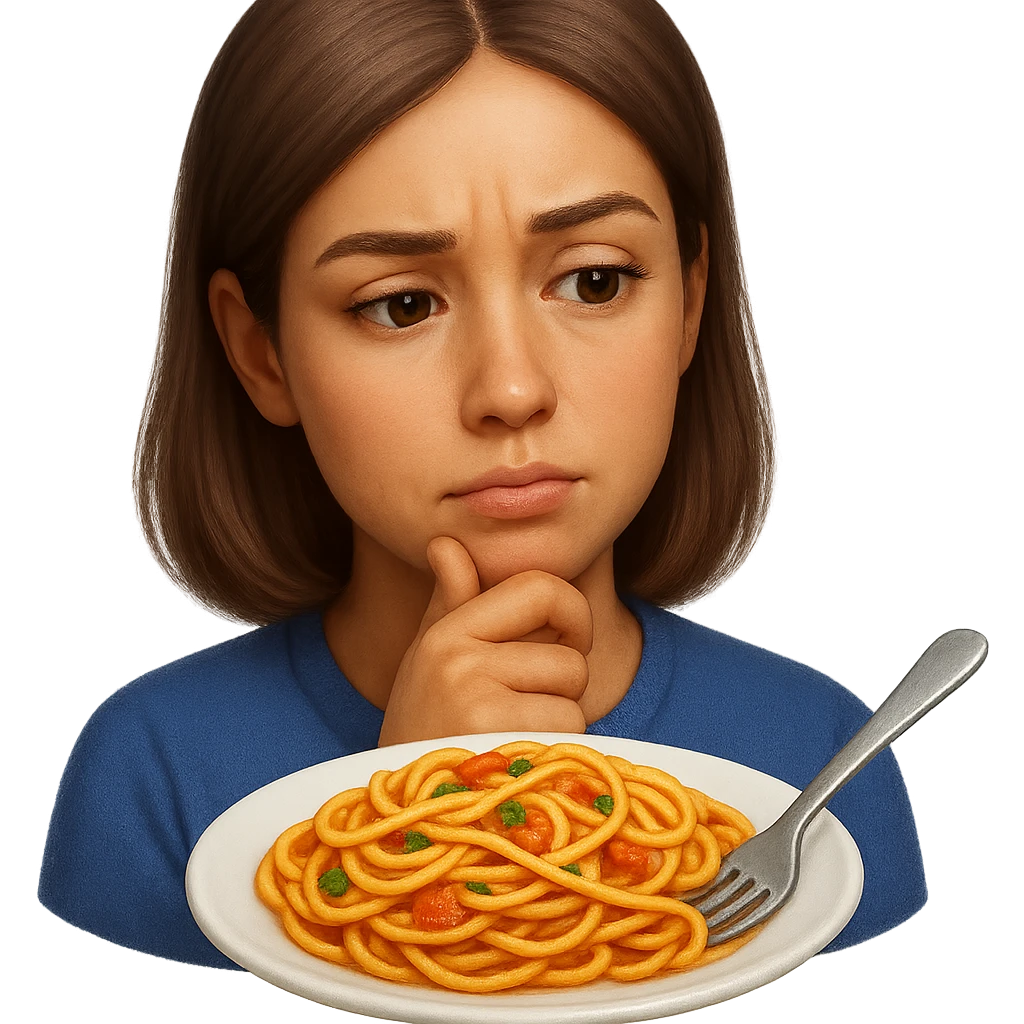 donna che guarda pensierosa un piatto di pasta, stile emoji iphone, iperrealistico 4k emoji