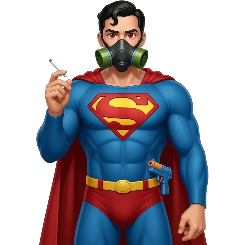 Make this with , the eyes have Cherries as pupils and the left hand is holding a joint and a gas emoji, right hand is relaxed and whole arm is down, emoji is seen until the waist with a water gun tucked Superman with his complete look emoji