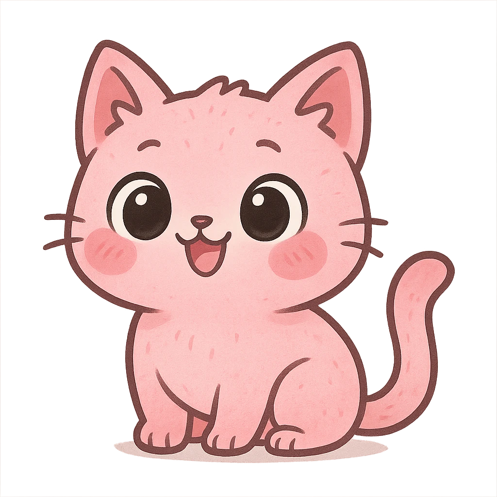 a cute pink cat, original design, big eyes, blushing cheeks, joyful emoji