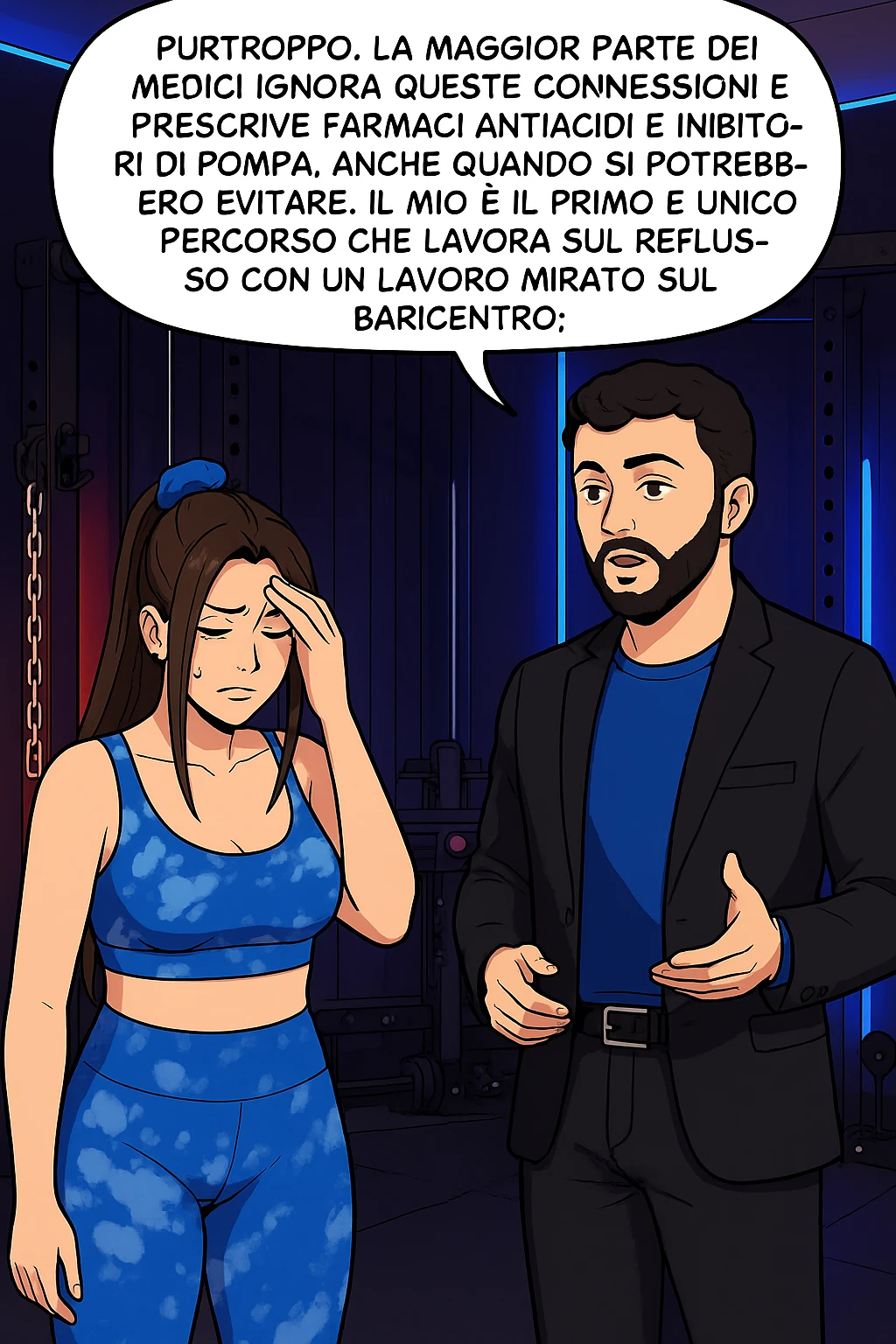 TRASFORMA QUESTO CAROSELLO IN UN FUMETTO STILE WEBTOON/MANGA A COLORI CON QUESTE DUE PERSONE IDENTICHE CHE INTERLOQUISCONO TRA LORO, L'uomo sta spiegando alla donna questo concetto MENTRE LA DONNA SI TIENE la mano sulla fronte sconcertata:

LUI (UOMO): Purtroppo, la maggior parte dei medici ignora queste connessioni e prescrive farmaci antiacidi e inibitori di pompa, anche quando si potrebbero evitare.
Il mio è il primo e unico percorso che lavora sul reflusso con un lavoro mirato sul baricentro; emoji