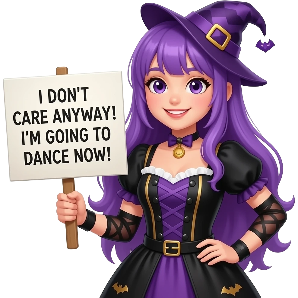 girl with long purple hair wearing a halloween costume holding a MIR DOCH EGAL! Ich gehe JETZT TANZEN! sign emoji