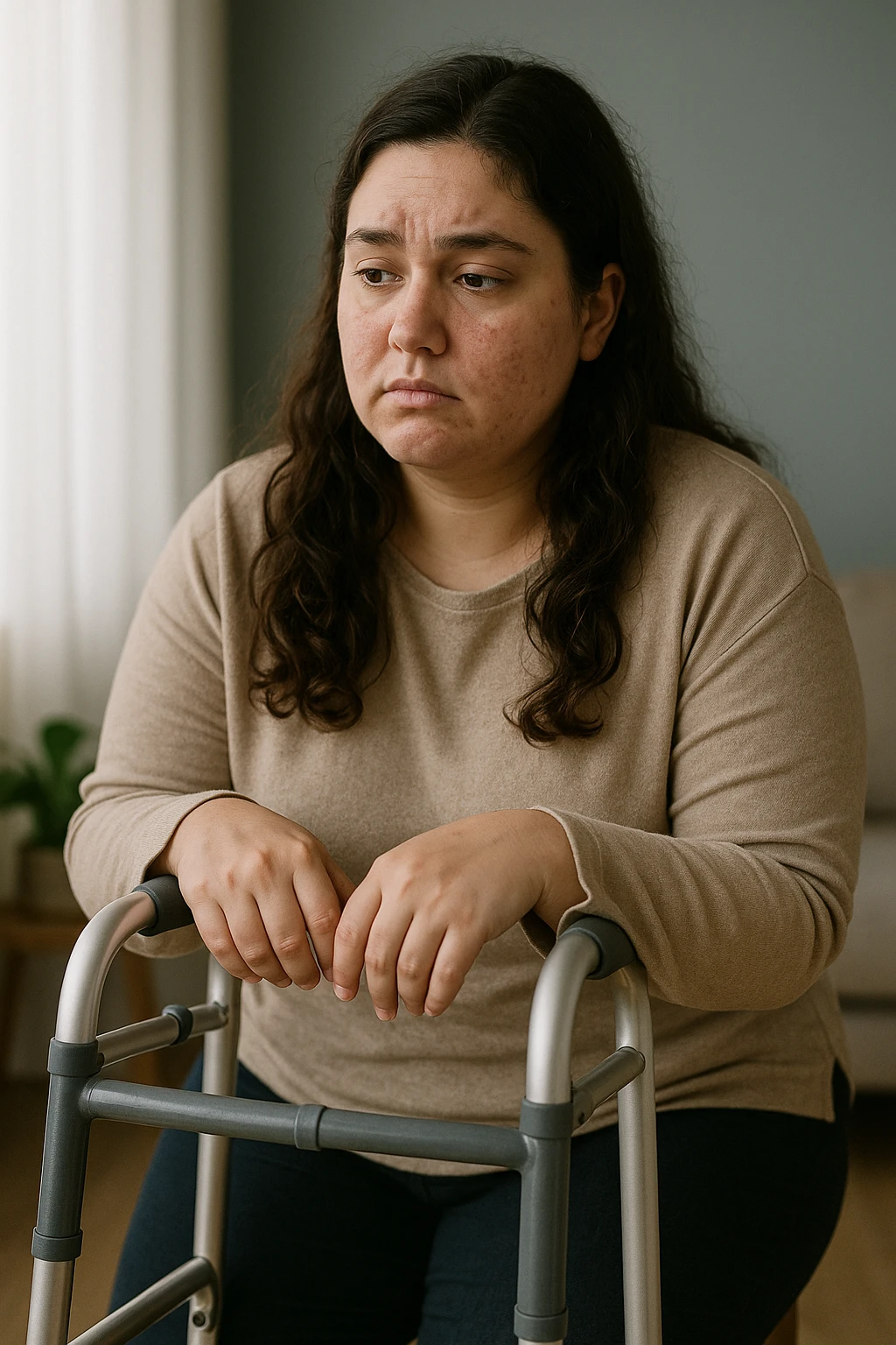 Donna con problemi difficoltà  nella mobilità a causa della sua PCOS, immagine realistica emoji