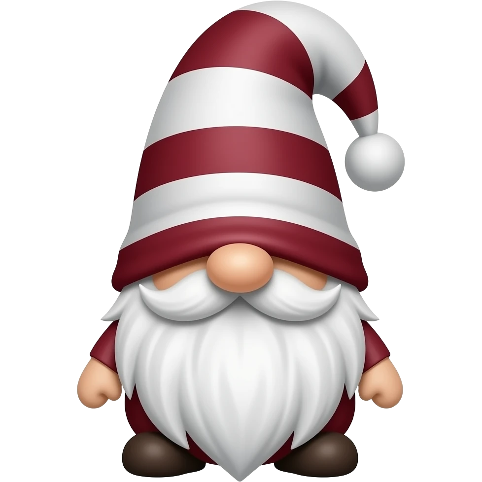 swedish gnome with a hat that cover his eyes, he had a big nose which the hat hangs around, the hat sides go down half way of the body, the gnome has no hands only roundish feet and primarily wear wine red and white emoji