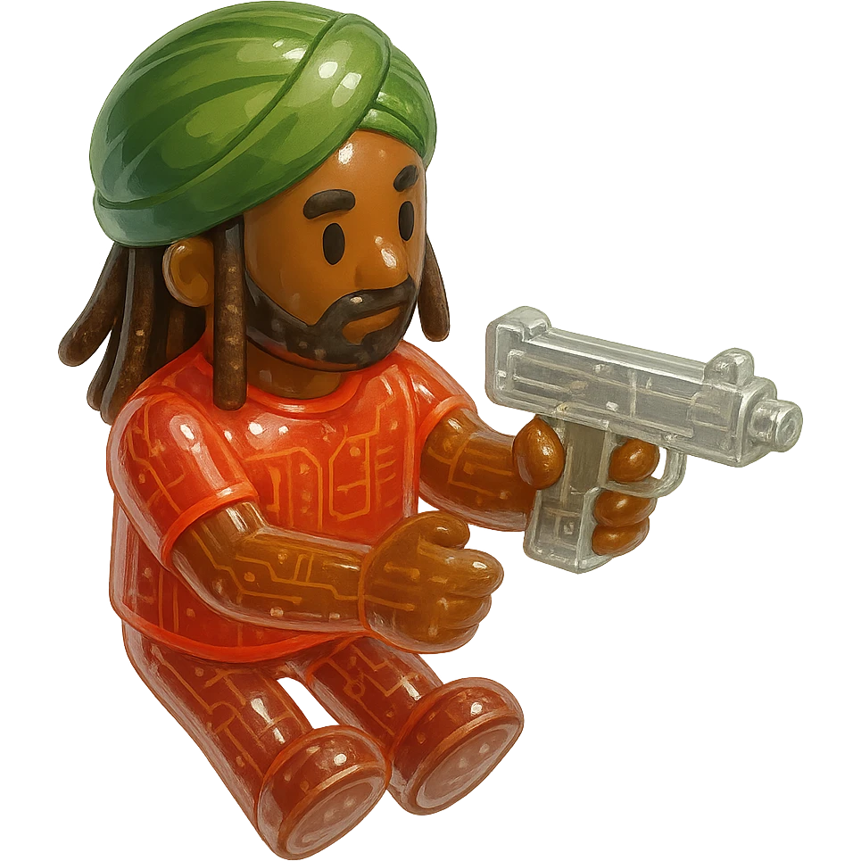 Brownskin man with long brown dreadlocks 
red t-shirt 
green turban 
expression is holding a a gun emoji