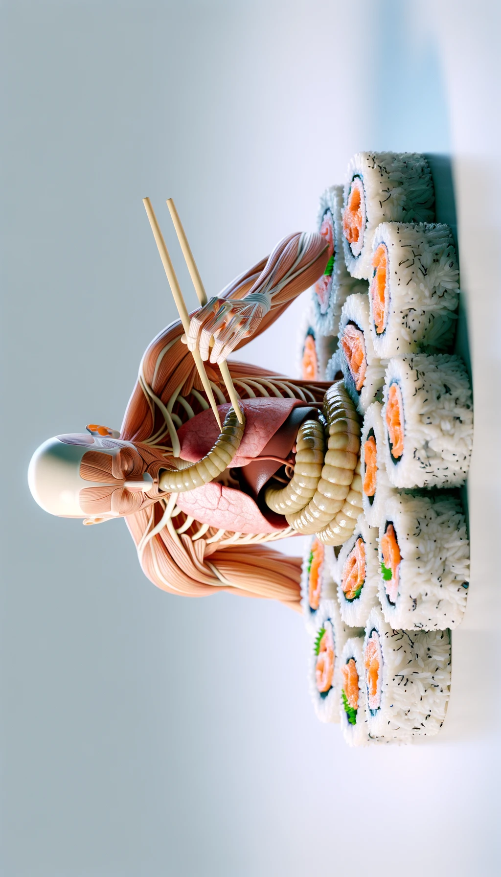 CORPO UMANO ANATOMICO Che mangia sushi crudo, vermi lunghi e beige chiaro nell'intestino a causa del sushi crudo, SFONDO CHIARO, iperrealistico 4k emoji