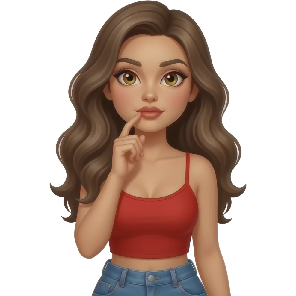 Fingers on lips and thinking looking up woman with tan glowy skin, hazel eyes almond with long lashes,, full lips, dark blonde flowing hair, delicate feminine sexy features, wearing a red crop top NO STRAPS and blue jeans, confident and femenine and glam makeup. Intense seductive look. REALISTIC emoji