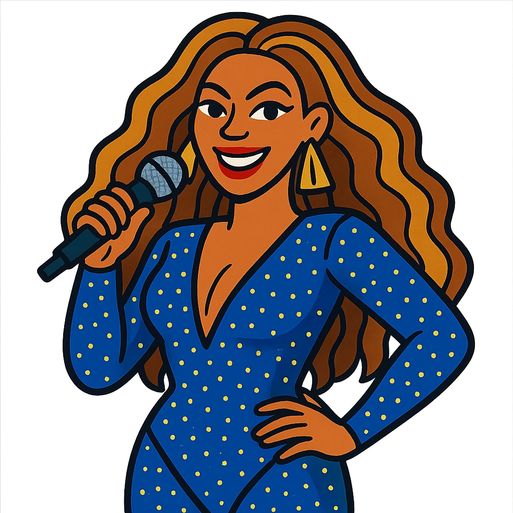 Beyoncé in a cartoon style, wearing a sparkling outfit and holding a microphone emoji