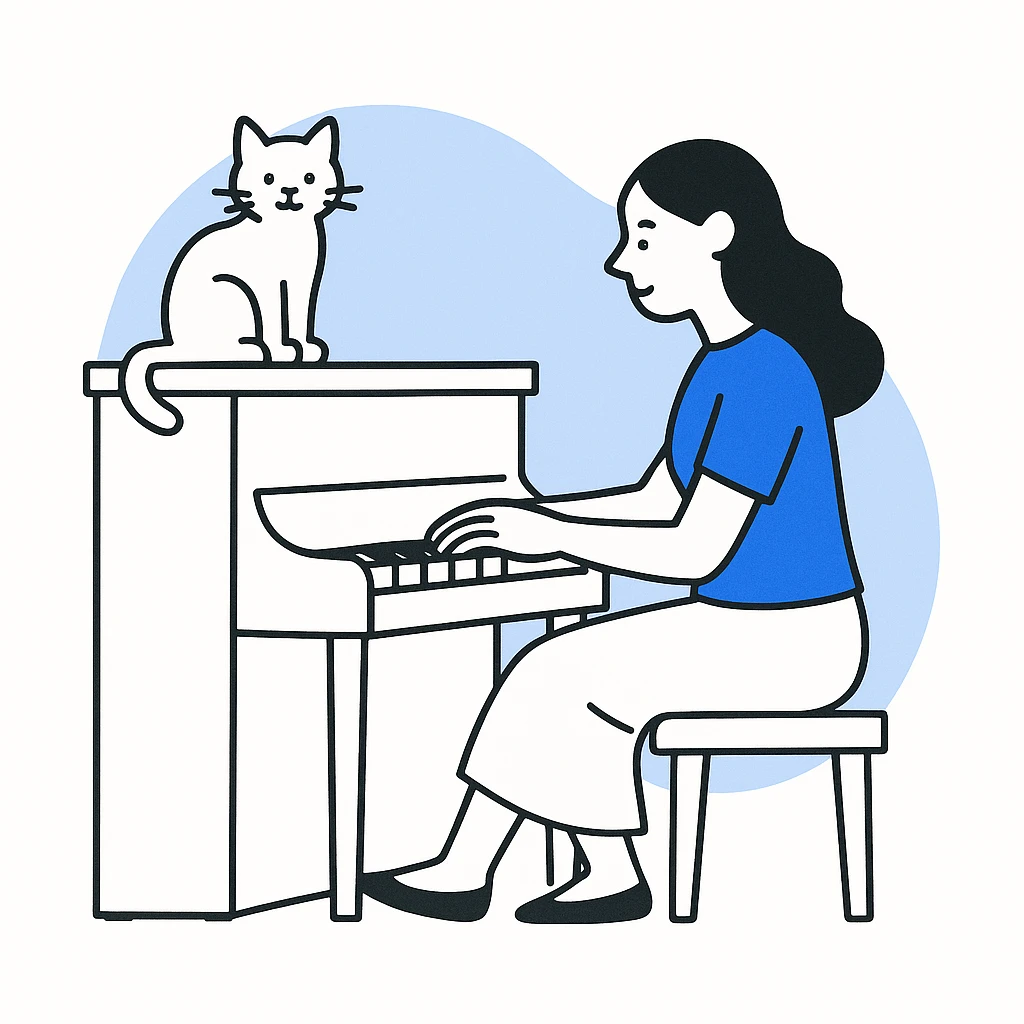 woman playing piano while her cat sits on top of the piano emoji