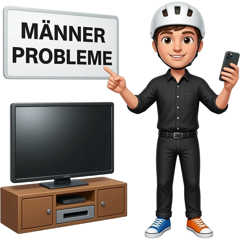 young man in black shirt and black pants wearing a white helmet, the right shoe is colored blue and the left shoe is colored orange, the right hand holds a pointer and the left hand is holding a handy, he stand in front of a tv and a sign with MÄNNER PROBLEME written on it is seen emoji