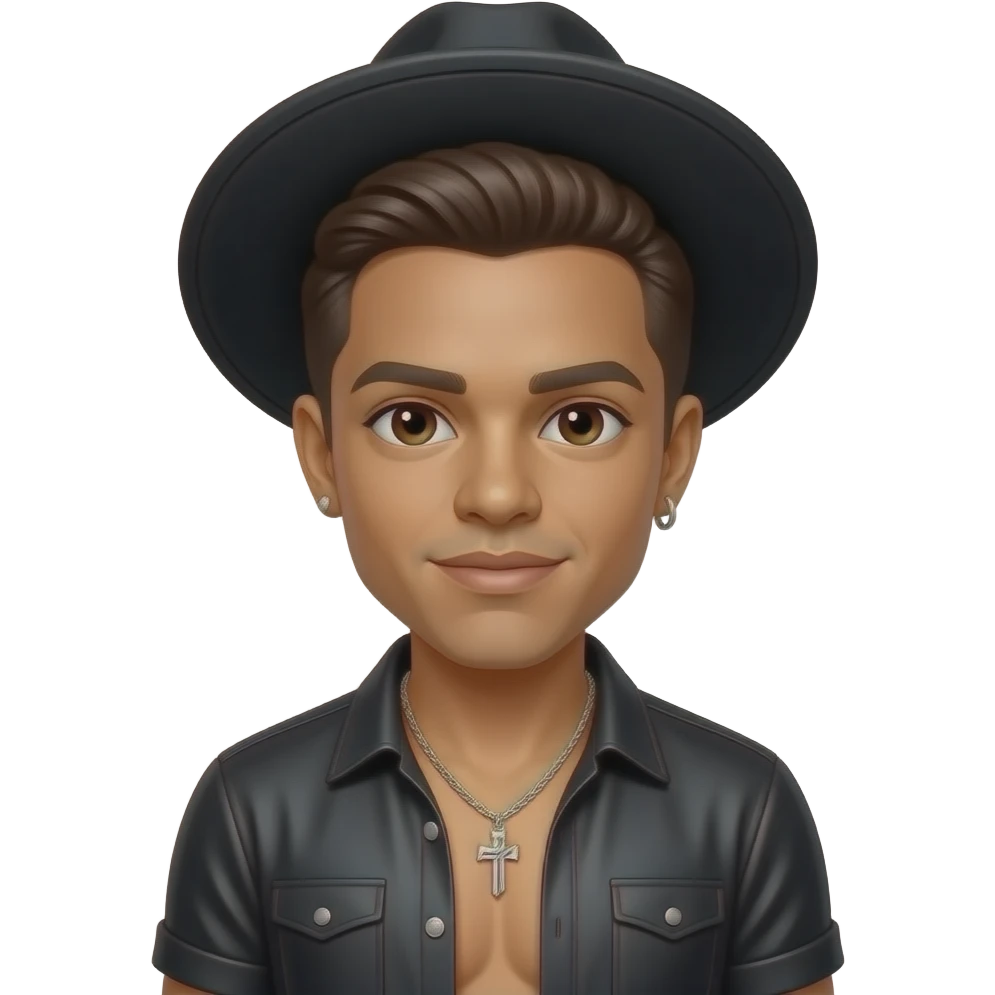 Bruno Mars with dark brown eyes, dark brown hair, black hat, black metallic shirt, gold metallic shorts, silver necklace and short earrings emoji