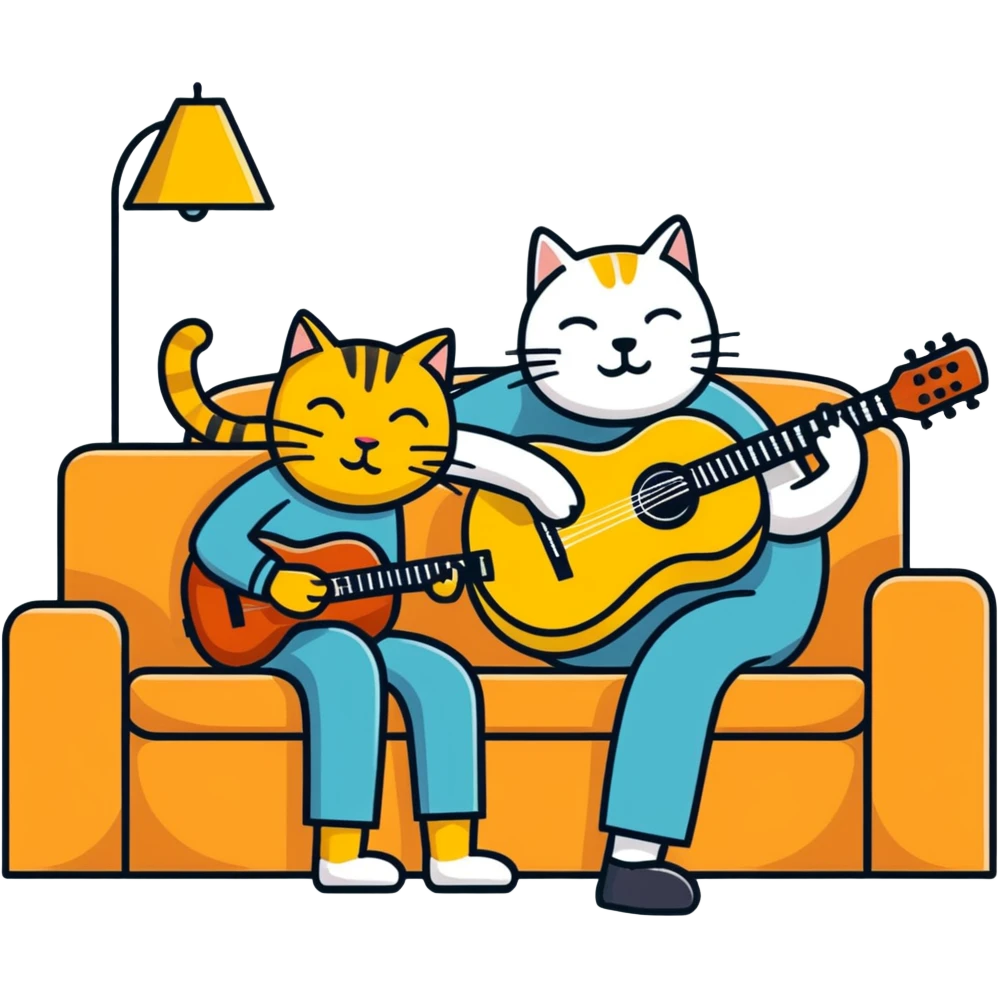  older blind man playing guitar  on the couch with his golden cat  emoji