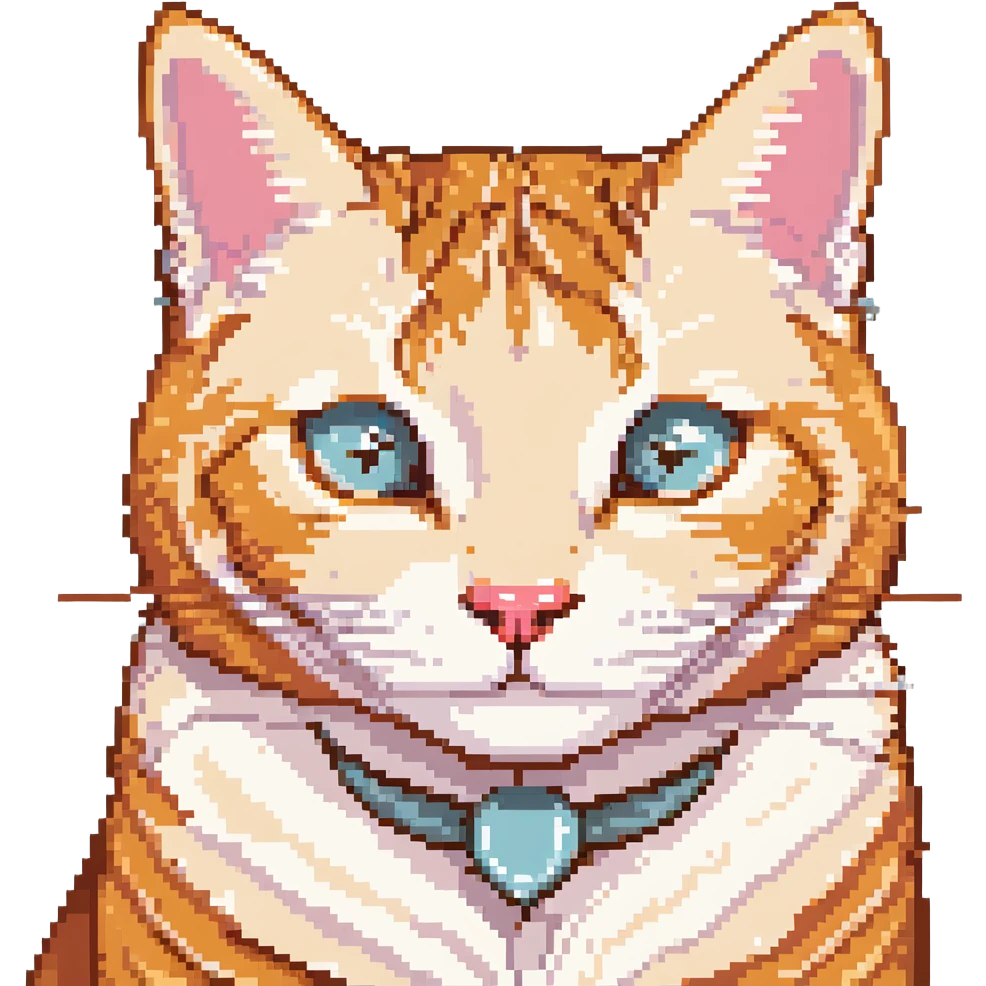 pixel art of a smiling orange tabby cat face, cream accents, big round eyes, pink nose, retro 8-bit style, front view emoji