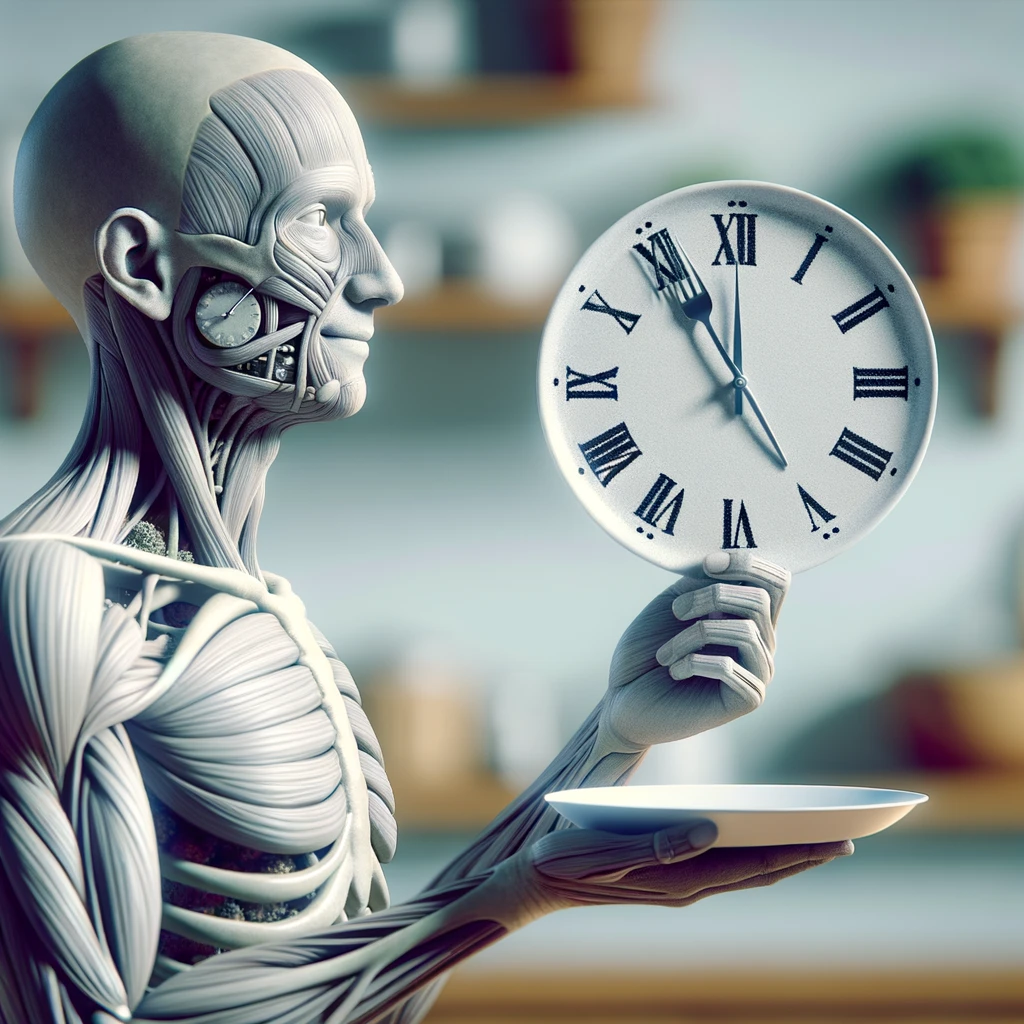corpo umano anatomico, che tiene in mano un piatto bianco con la lancette di un orologio sopra, figura visibile fino ai fianchi, espressione del volto soddisfatta, sullo sfondo la sua cucina sfocata, iperrealistico 4k emoji