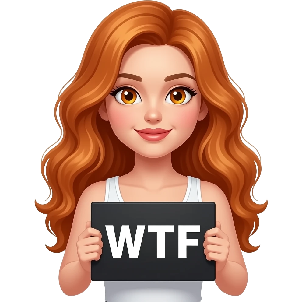 sexy girl with long wavy ginger hair and ginger eyes wearing a white tanktop is holding a black colored sign with WTF written on it emoji