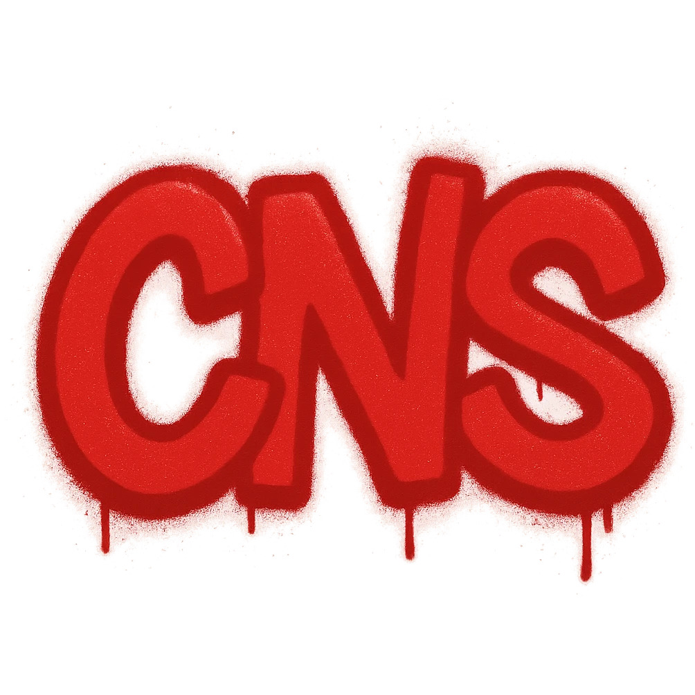 Сделай красное граффити с надписью "CNS" в стиле emoji iOS без фона emoji