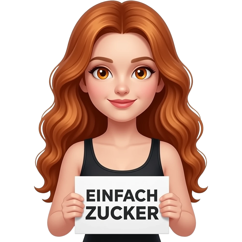 sexy girl with long wavy ginger hair and ginger eyes wearing a black tanktop is holding a white sign with EINFACH ZUCKER written on it emoji