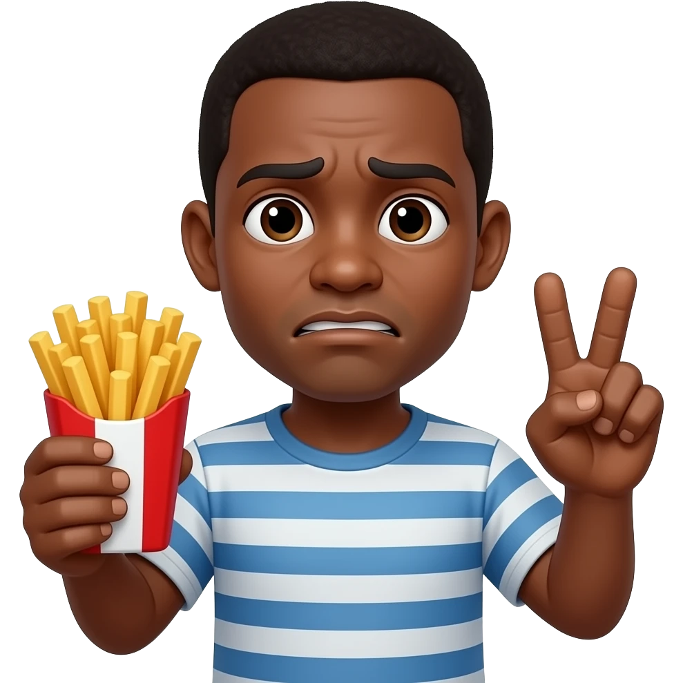 i want someone hold a 🍟 in one hand and a ✌🏽with this face 😬but make them black emoji