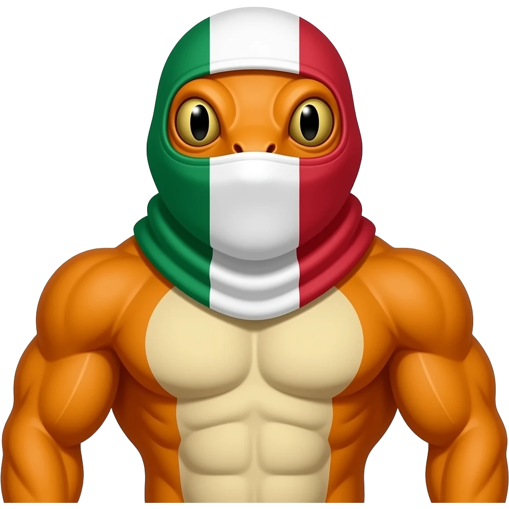 Quiero un diseño de un gheco color naranja musculoso mirando de frente, con balaca con colores de la bandera de  Italia  , muy rebelde è irreverente emoji