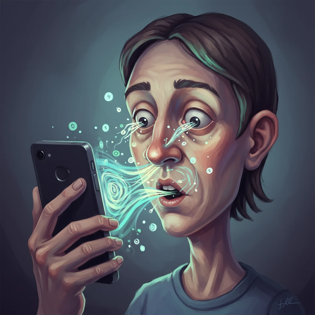 Лицо человека, который держит близко перед лицом смартфон и экран будто бы засасывает его мысли и лицо, слегка рисованный но при этом объемный стиль emoji