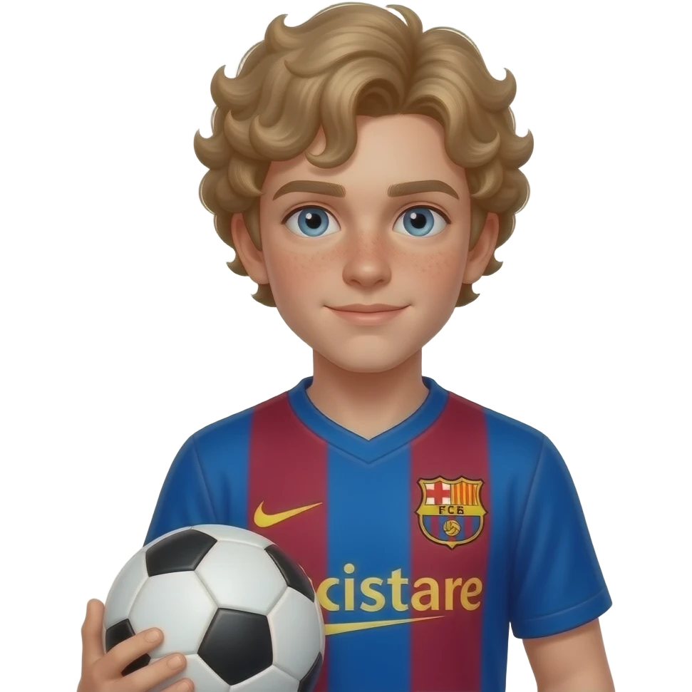 curly haired blonde blue eyed young short hot teen boy polish with freckeles wearing a barcelona football shirt holding a football emoji