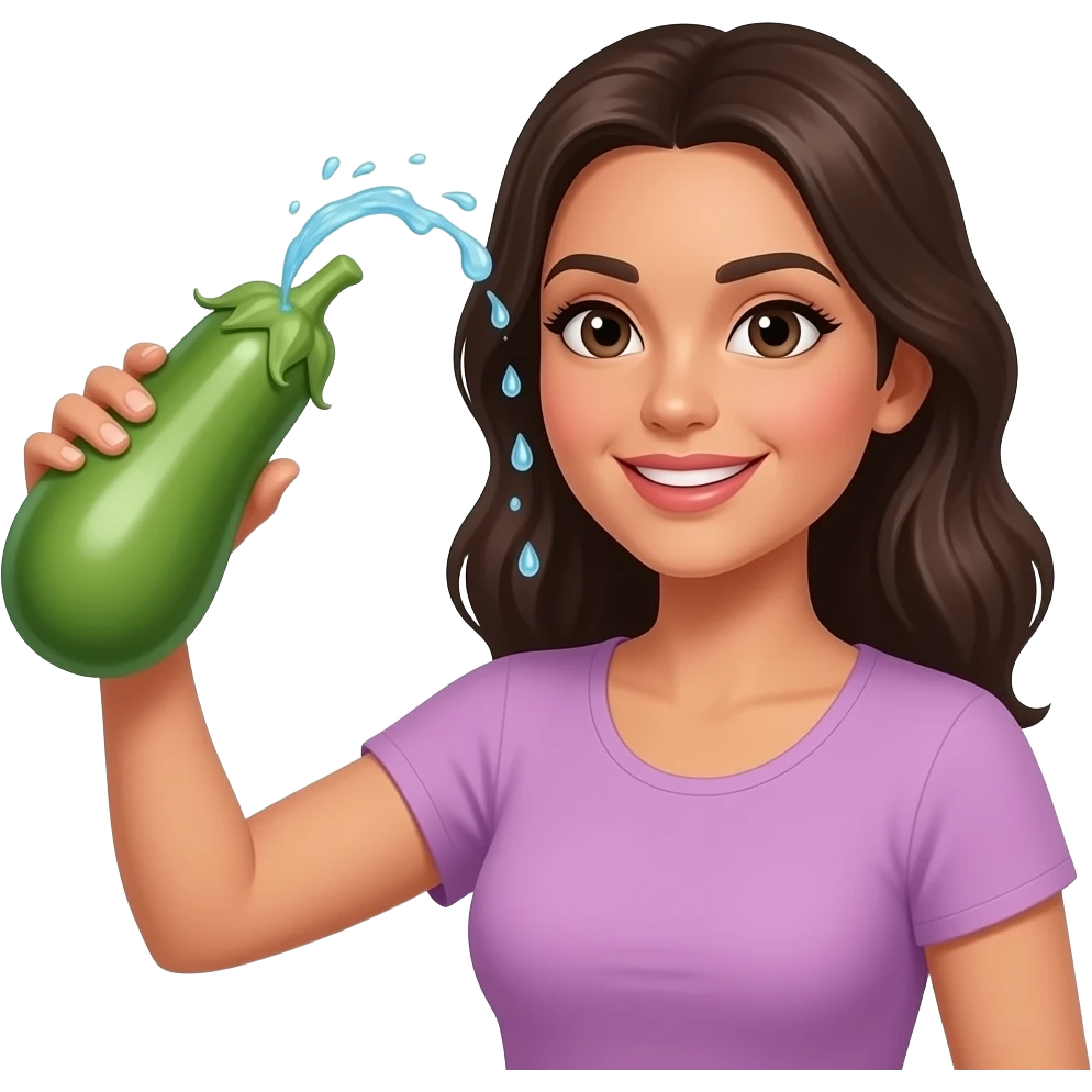 Brunette Latina wife holding a eggplant squirting water from the top emoji