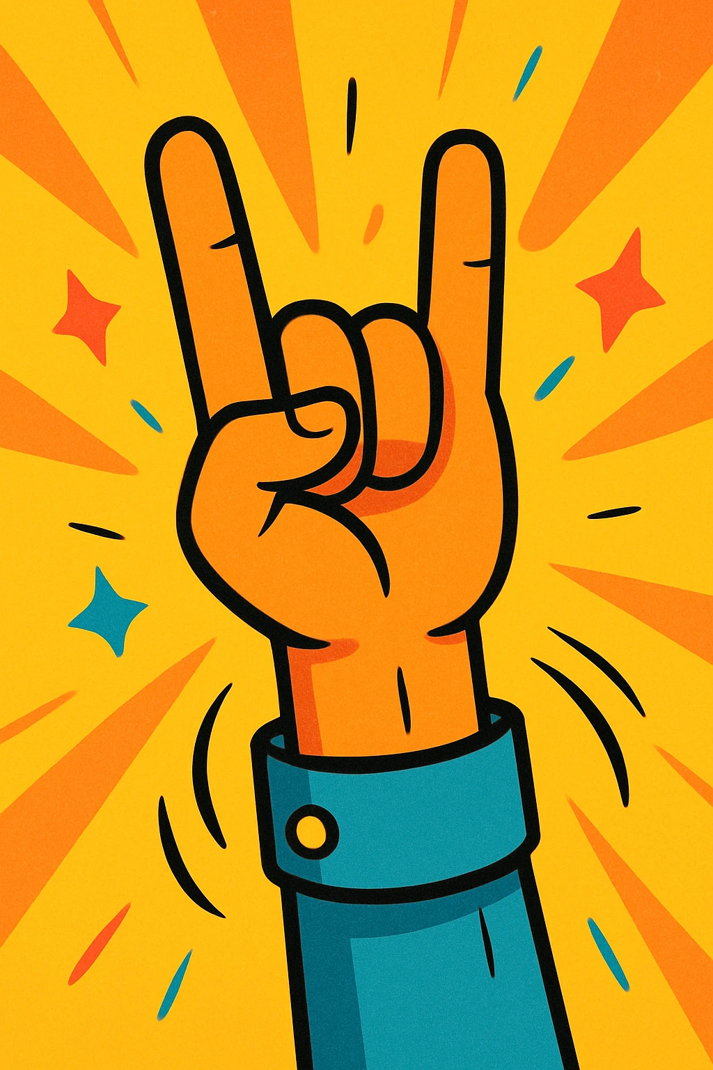animated hand making a 'rock' gesture, moving upward, energetic motion, cartoon style emoji