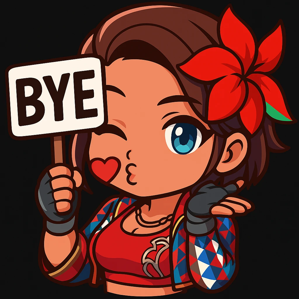 Azucena from Tekken 8 in chibi sticker style, holding a sign that says 'BYE', blowing a kiss, wearing the detailed red and patterned outfit from the reference images, designed for Twitch emote use. emoji