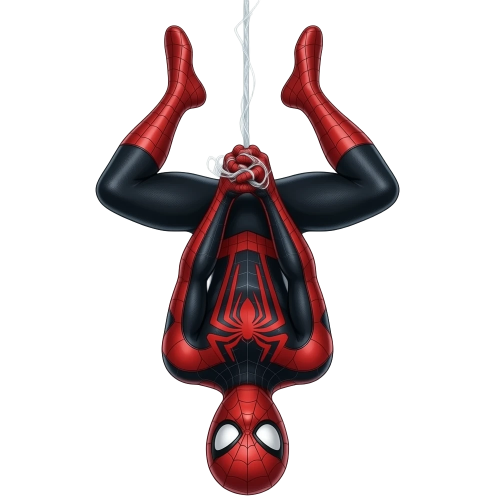 Spiderman miles morales wearing his mask in his black and red suit hanging upside-down holding the web string with both hands with his mask on emoji