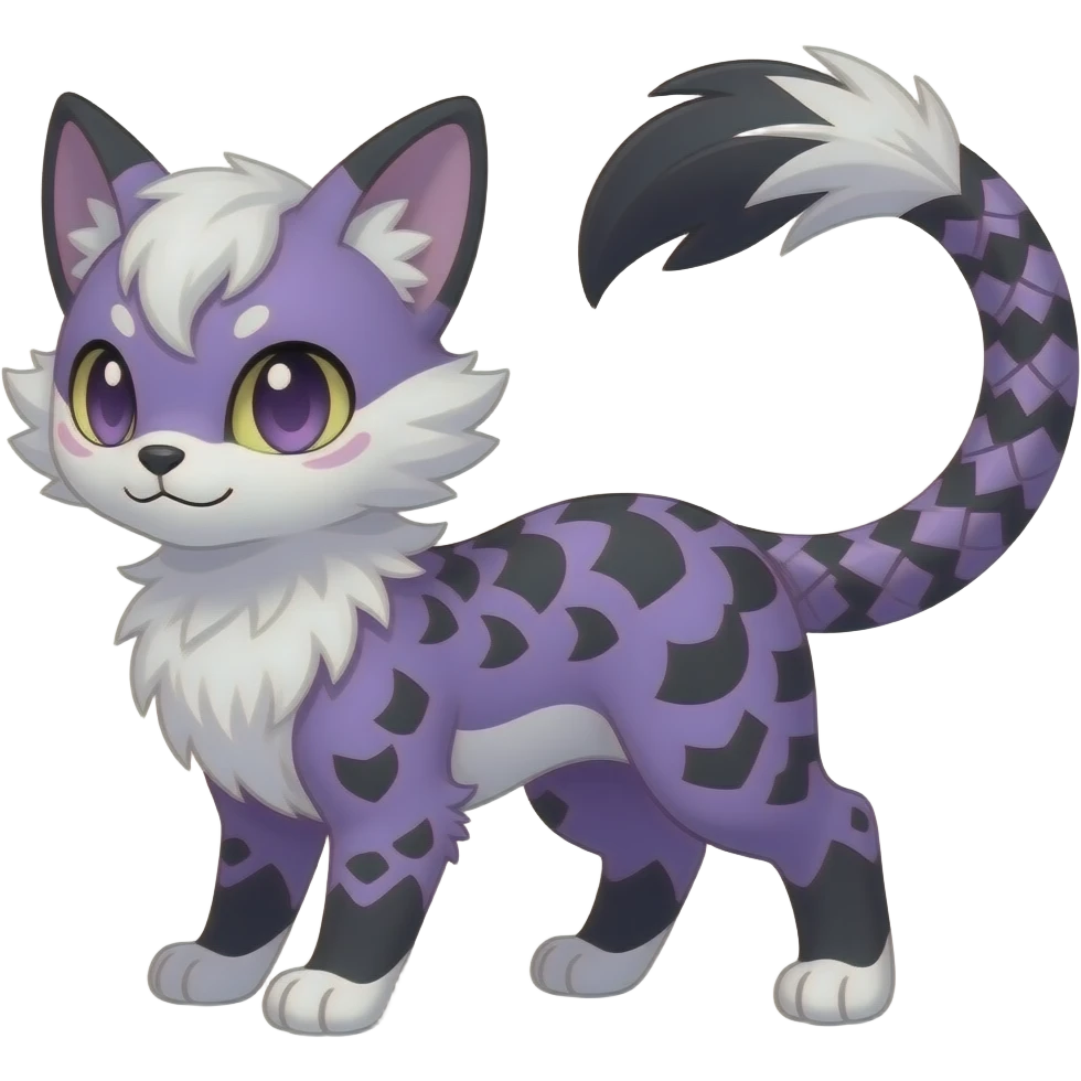 Furry, feathery feather-maned fluffy tropical flecked painted feathery scaly, Purple, white, black, Minccino-Bambino-Lykoi-Linoone-Zangoose-fusion-hybrid-animal-Fakémon-creature, full body, thin long sleek scaly tail, intricate markings emoji