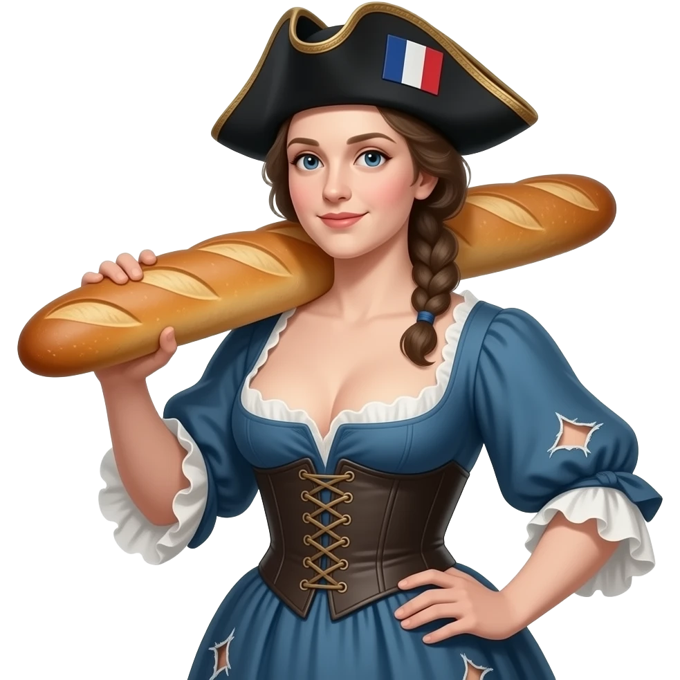 historical French Marianne in a tight corset with a large open neckline, torn dresses - with a rebel Jacobin cap and a large French loaf emoji