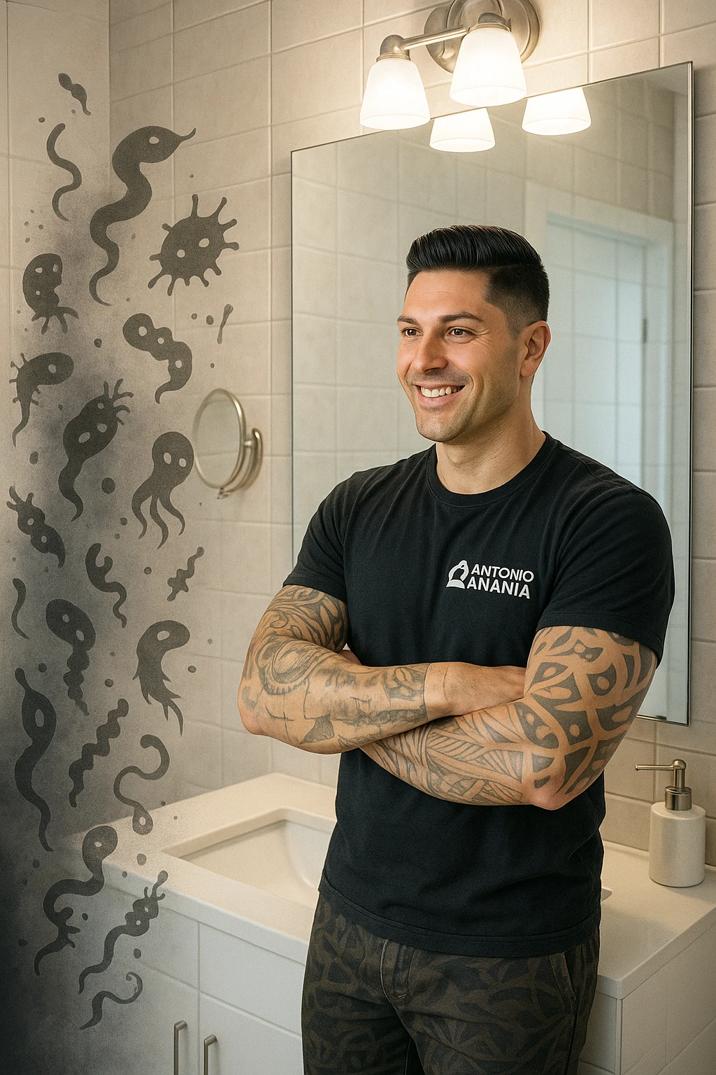a man stands in a brightly lit bathroom, looking relieved and revitalized as he examines his reflection in the mirror. In the foreground, stylized, shadowy images of parasites (such as worms or protozoa) are shown leaving his body, dissolving into mist or fading away. His posture is upright and his expression is one of newfound energy and health. emoji