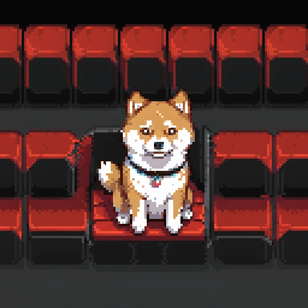 Shiba Inu sitting in a movie theater with red seats in the background emoji