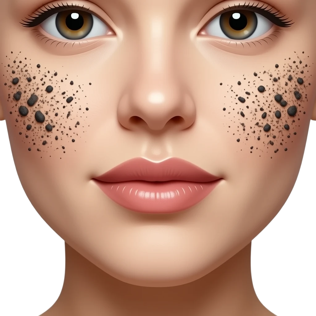 Close-up beauty shot of a woman's lower face (nose, lips, cheeks visible), clear smooth skin, with dark exfoliating scrub particles applied on both cheeks, soft studio lighting emoji