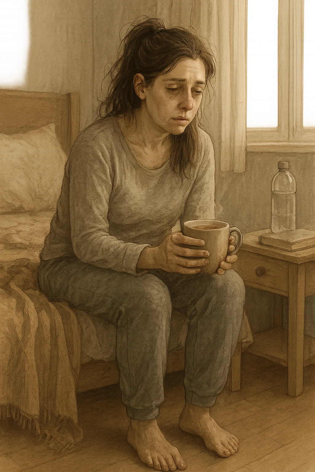 A realistic, cinematic illustration of a woman in her early 30s with a tired, pale appearance, sitting on the edge of her bed in a softly lit bedroom during the morning, looking exhausted and drained. Her posture is slightly slouched, and dark circles are visible under her eyes. She wears comfortable loungewear, holding a warm cup of herbal tea in her hands, seeking comfort. The scene includes a cozy yet slightly messy room with a blanket, a water bottle, and a book on the nightstand, emphasizing chronic fatigue. Soft natural light comes through the window, highlighting her expression of persistent tiredness despite rest, capturing the invisible struggle of chronic fatigue syndrome while maintaining dignity and a gentle aesthetic. emoji