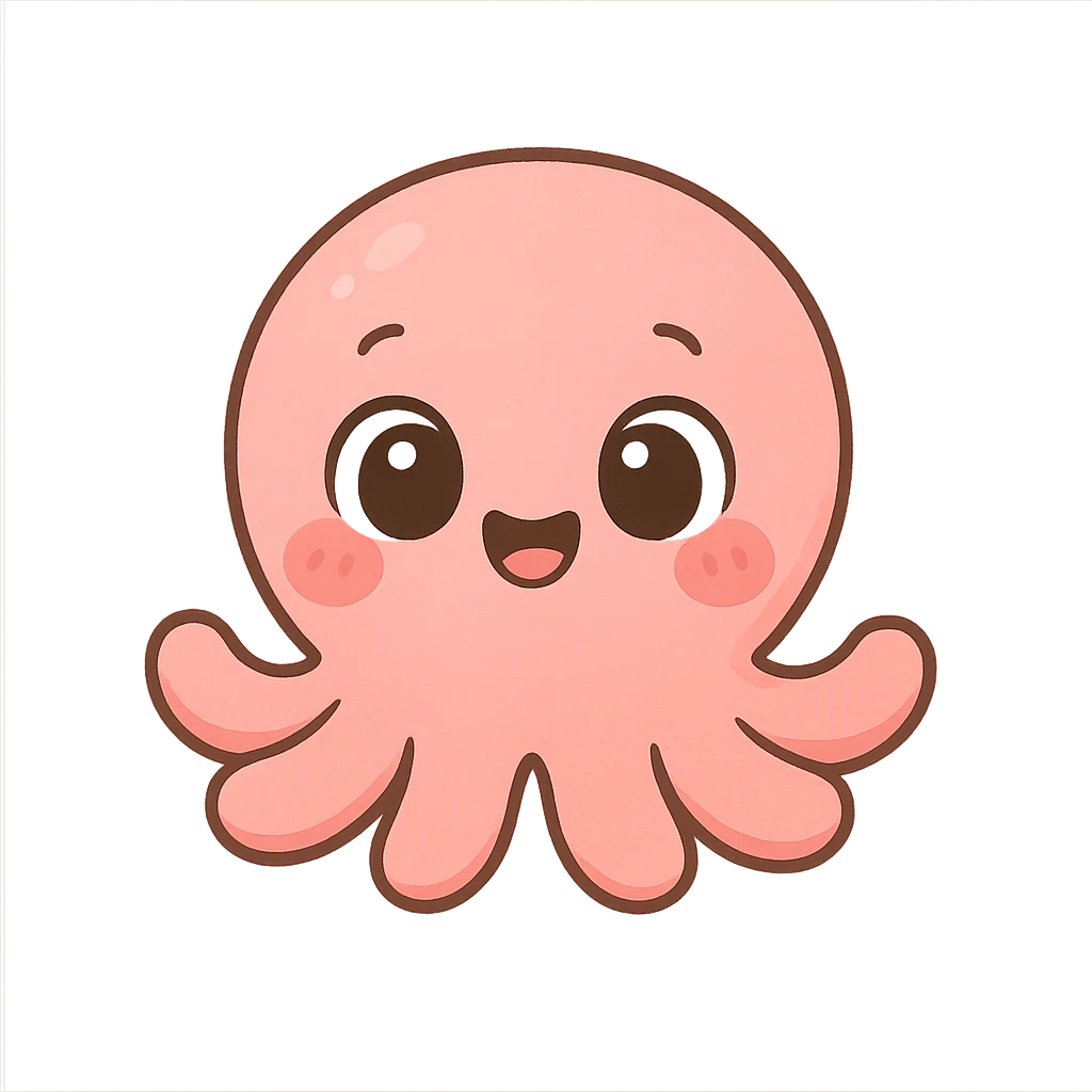 a cute pink octopus, original design, big eyes, blushing cheeks, joyful emoji