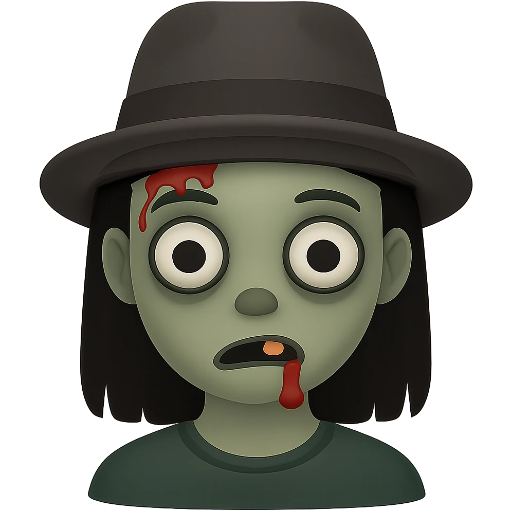 zombie girl with black hair, emoji style, with a hat emoji