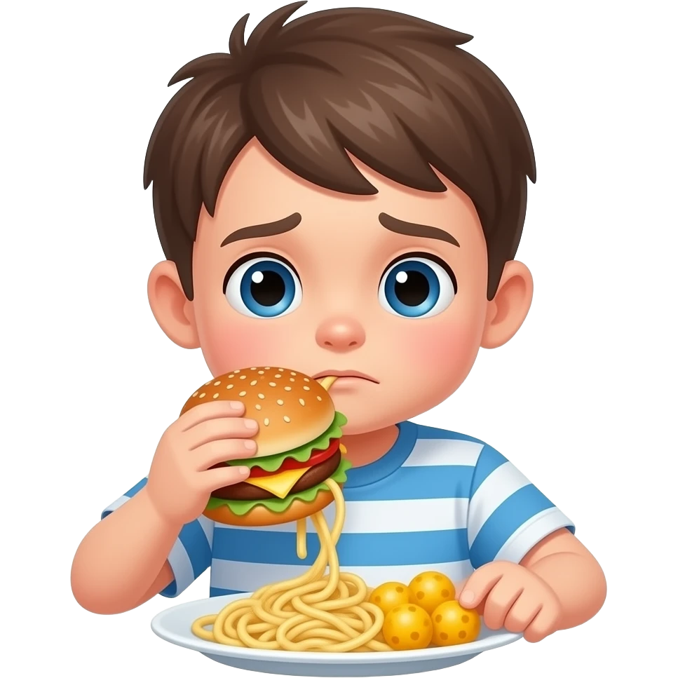 sad little boy eating a hamburger with spaghetti and cheese balls emoji
