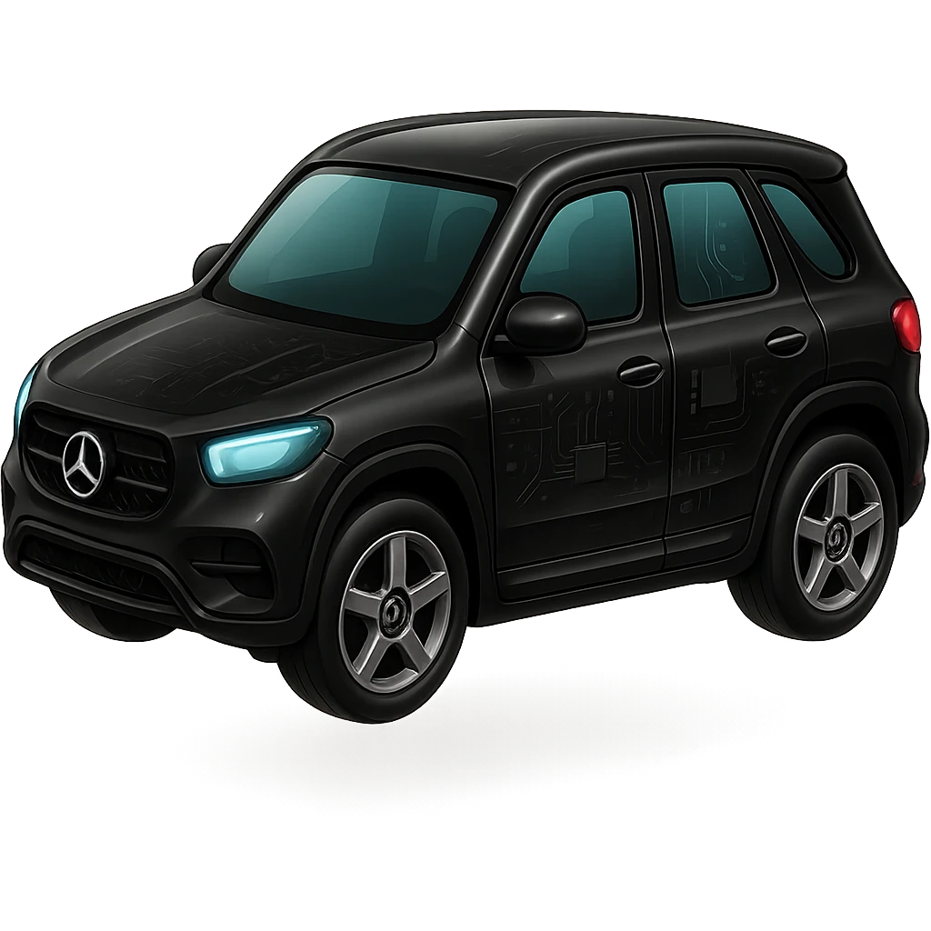 Adjust the shape to resemble a Mercedes GLE SUV with a rounded, compact, and cute emoji style. Maintain the glossy black paint, blue-tinted windows, and soft, less angular features. Remove the background. emoji