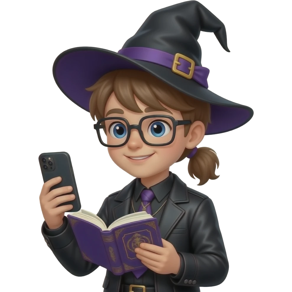 a-happy-boy-with-light-skin,-ponytail,-wearing-a-wizard-hat-and-square-glasses,-dressed-in-goth-fashion,-is-reading-a-book-while-holding-a-phone. emoji
