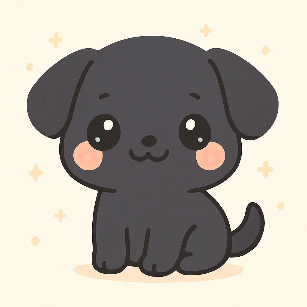 black dog, kawaii style, chibi proportions, blushing cheeks emoji