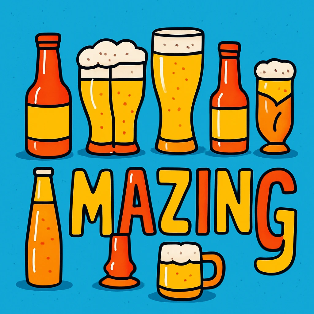 the word 'amazing' spelled out using pints and bottles of beer, vibrant toon style emoji