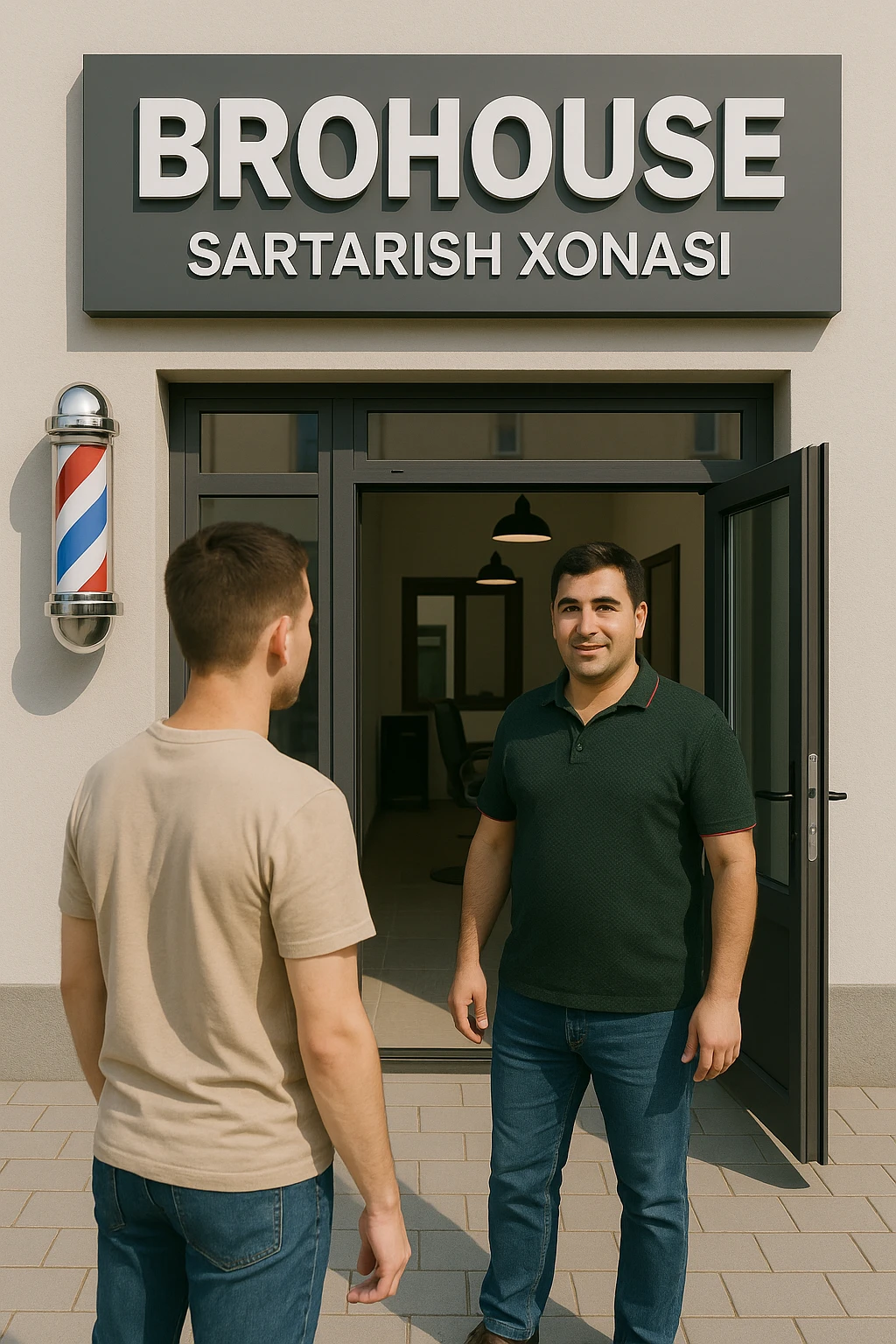 eni shu rasimga manashu odamga uxhshasin sartaosh eshik oldida tursin va tashqarida esa mijoz emoji