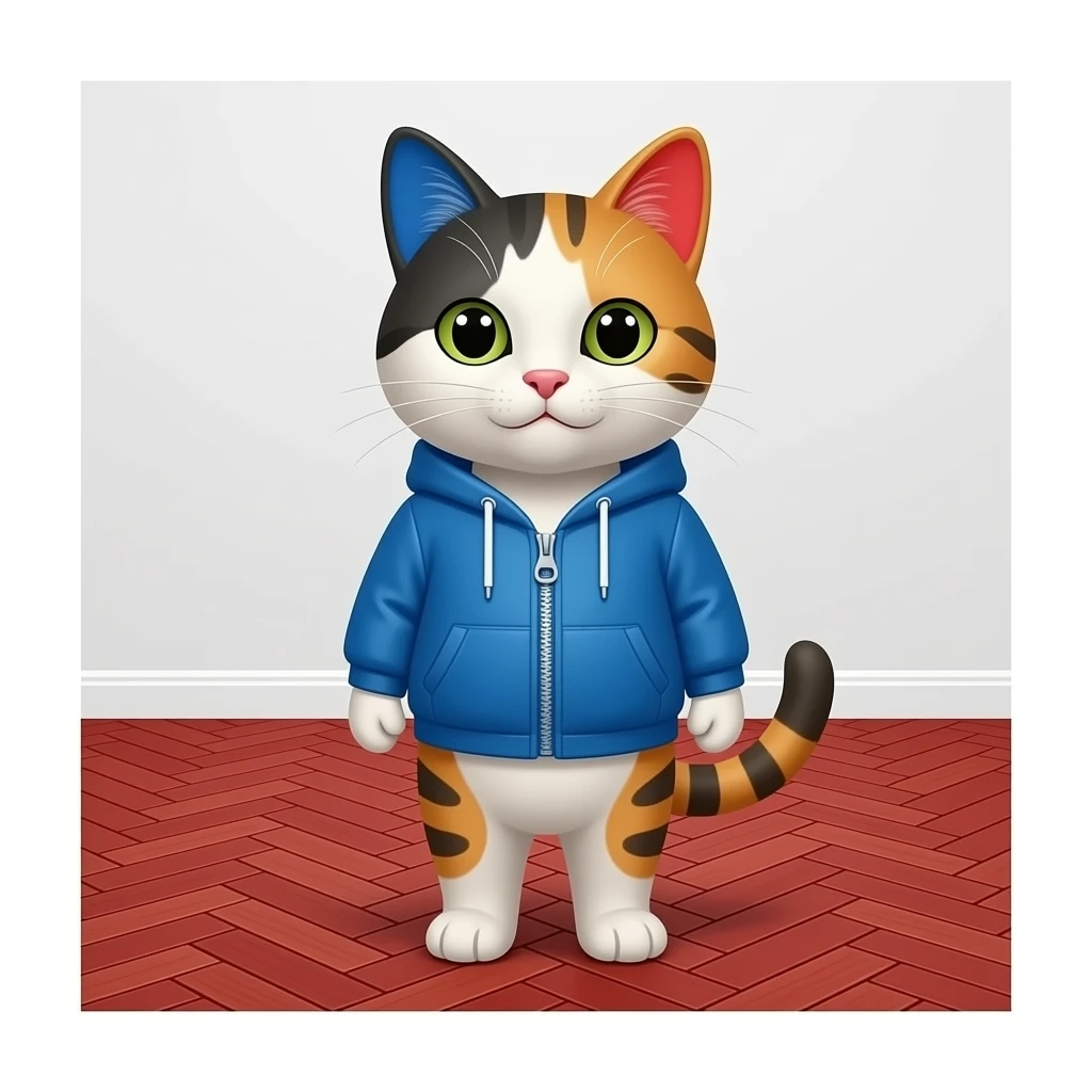 emoji cat, blue left ear ,red right  ear ,wear a blue jacket, red parket emoji