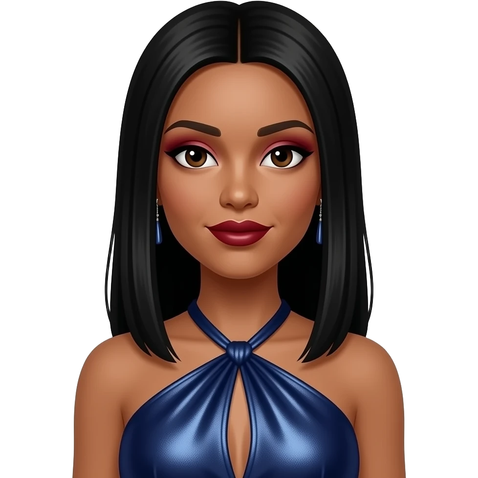 Monica Arnold with medium dark skin, dark brown eyes, long black straight hair, dark red eyeshadow and lipstick, indigo metallic halter dress, earrings emoji